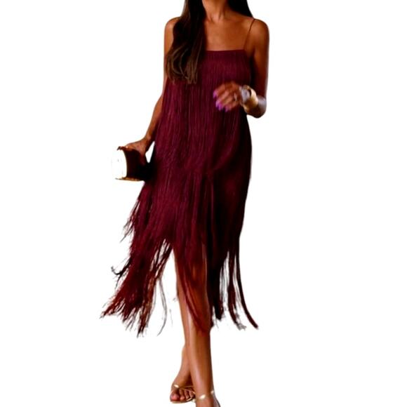 Commense Dresses & Skirts - Commense Women's Small Burgundy Florence Fringed Open Back Short Dress